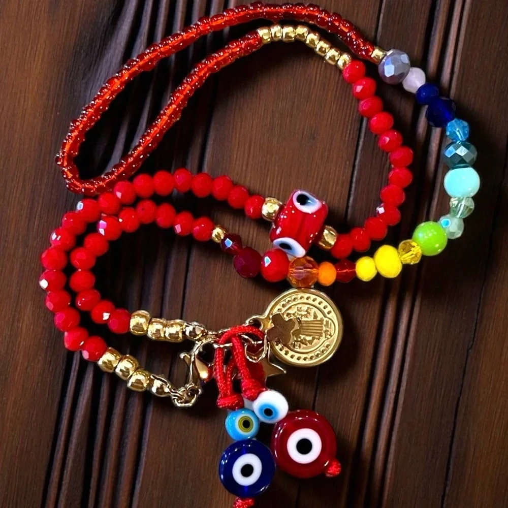 Vibrant Red Hand Beaded Rainbow and Evil Eye Protection Necklace 16”